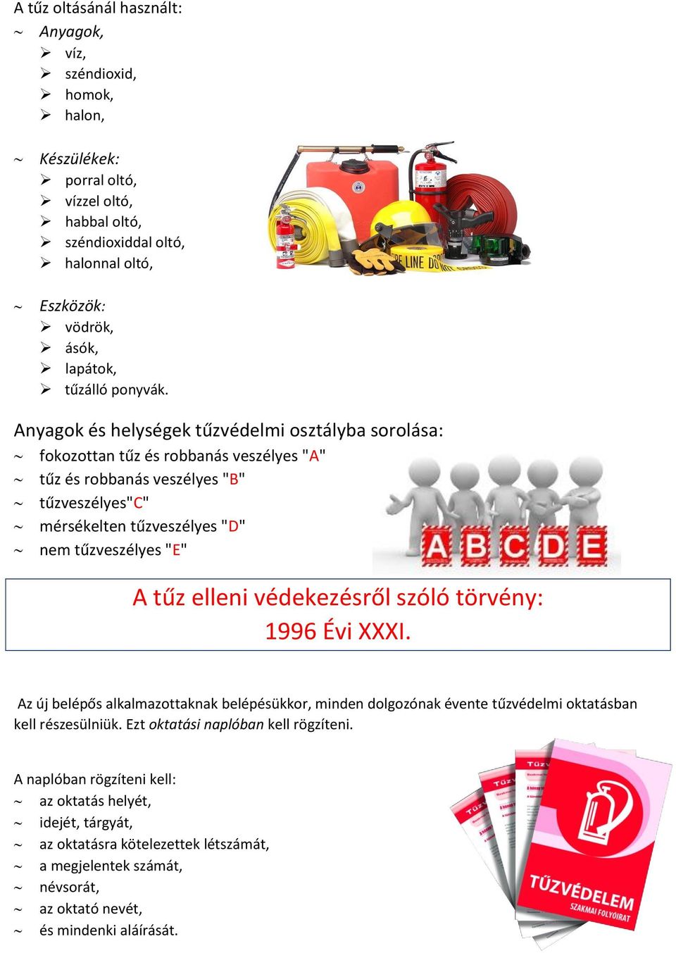 Anyagok és helységek tűzvédelmi osztályba sorolása: fokozottan tűz és robbanás veszélyes "A" tűz és robbanás veszélyes "B" tűzveszélyes"c" mérsékelten tűzveszélyes "D" nem tűzveszélyes "E" A