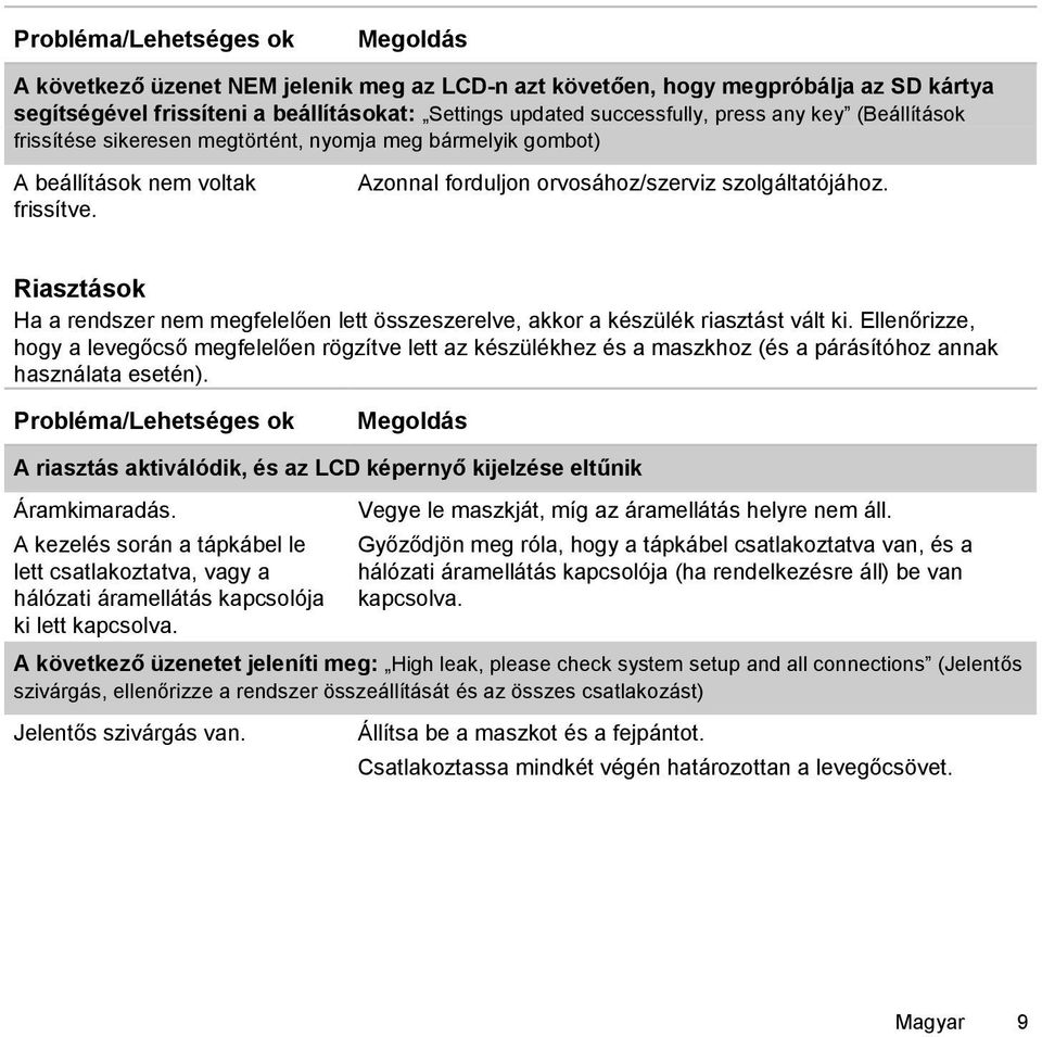 Riasztások Ha a rendszer nem megfelelően lett összeszerelve, akkor a készülék riasztást vált ki.