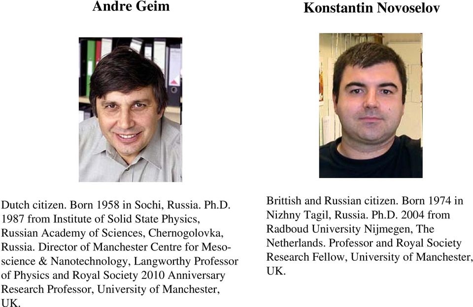 Professor, University of Manchester, UK. Brittish and Russian citizen. Born 1974 in Nizhny Tagil, Russia. Ph.D.