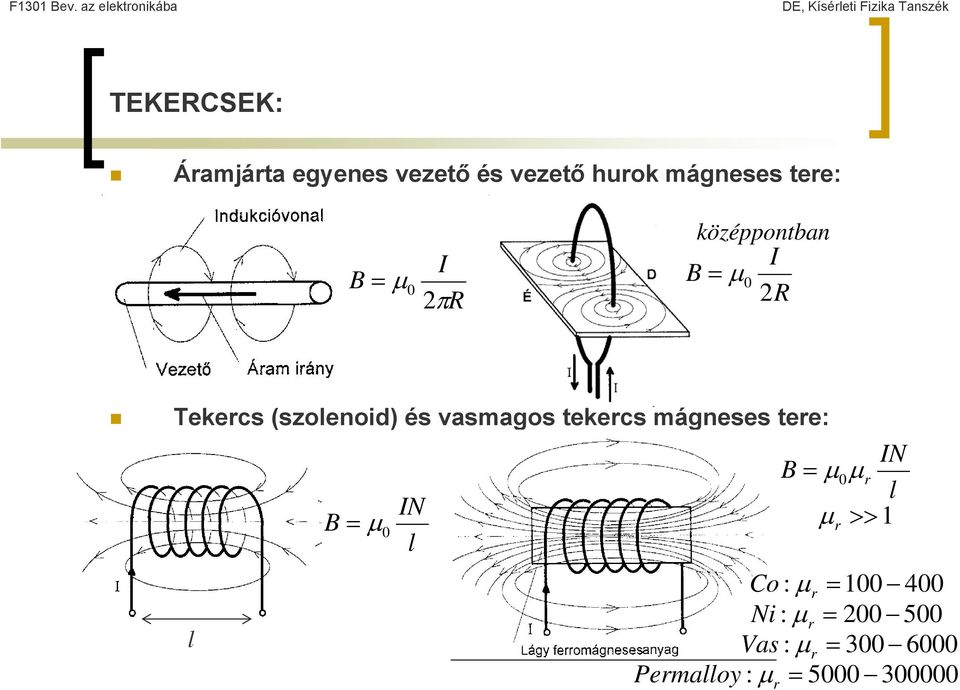 tekercs mágneses tere: l B = μ0 IN l B IN = μ 0 μr l >>1 μ r Co : μ r =