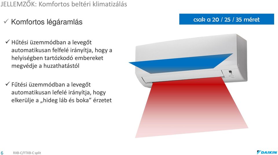 helyiségben tartózkodó embereket megvédje a huzathatástól Fűtési üzemmódban a