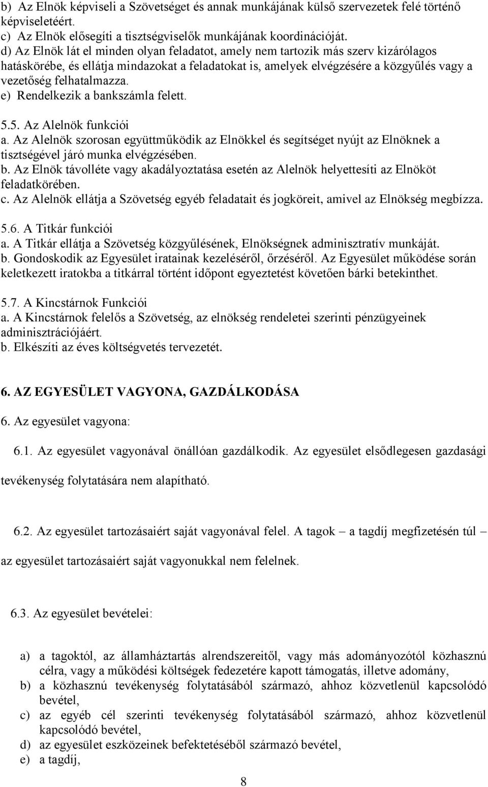 e) Rendelkezik a bankszámla felett. 5.5. Az Alelnök funkciói a. Az Alelnök szorosan együttműködik az Elnökkel és segítséget nyújt az Elnöknek a tisztségével járó munka elvégzésében. b. Az Elnök távolléte vagy akadályoztatása esetén az Alelnök helyettesíti az Elnököt feladatkörében.