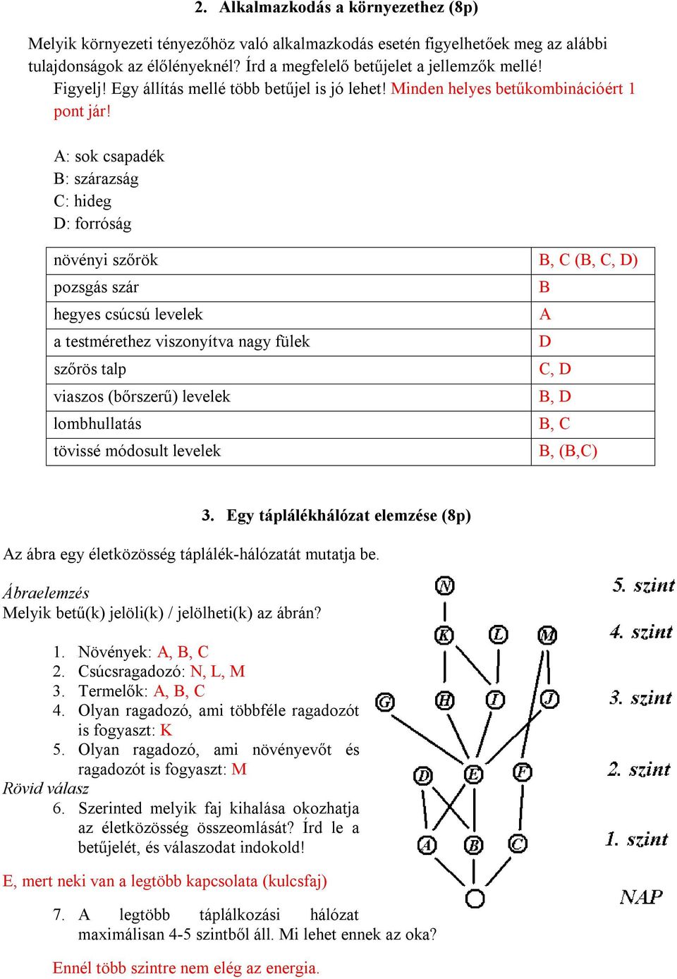 A: sok csapadék B: szárazság C: hideg D: forróság növényi szőrök B, C (B, C, D) pozsgás szár hegyes csúcsú levelek a testmérethez viszonyítva nagy fülek szőrös talp viaszos (bőrszerű) levelek