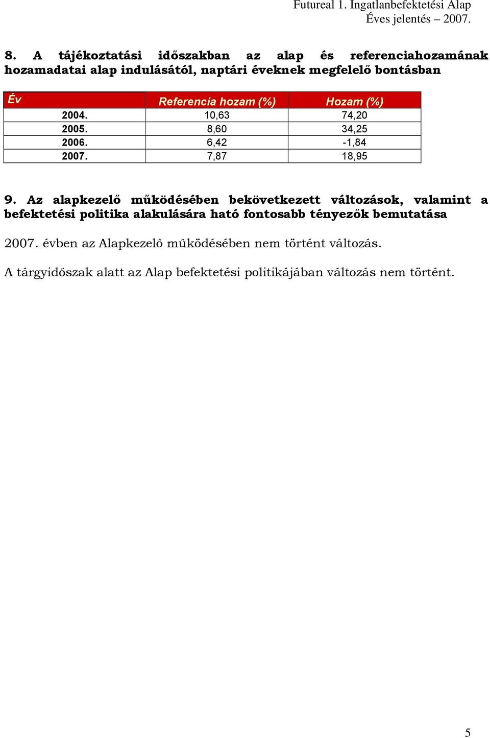 Az alapkezelő működésében bekövetkezett változások, valamint a befektetési politika alakulására ható fontosabb tényezők