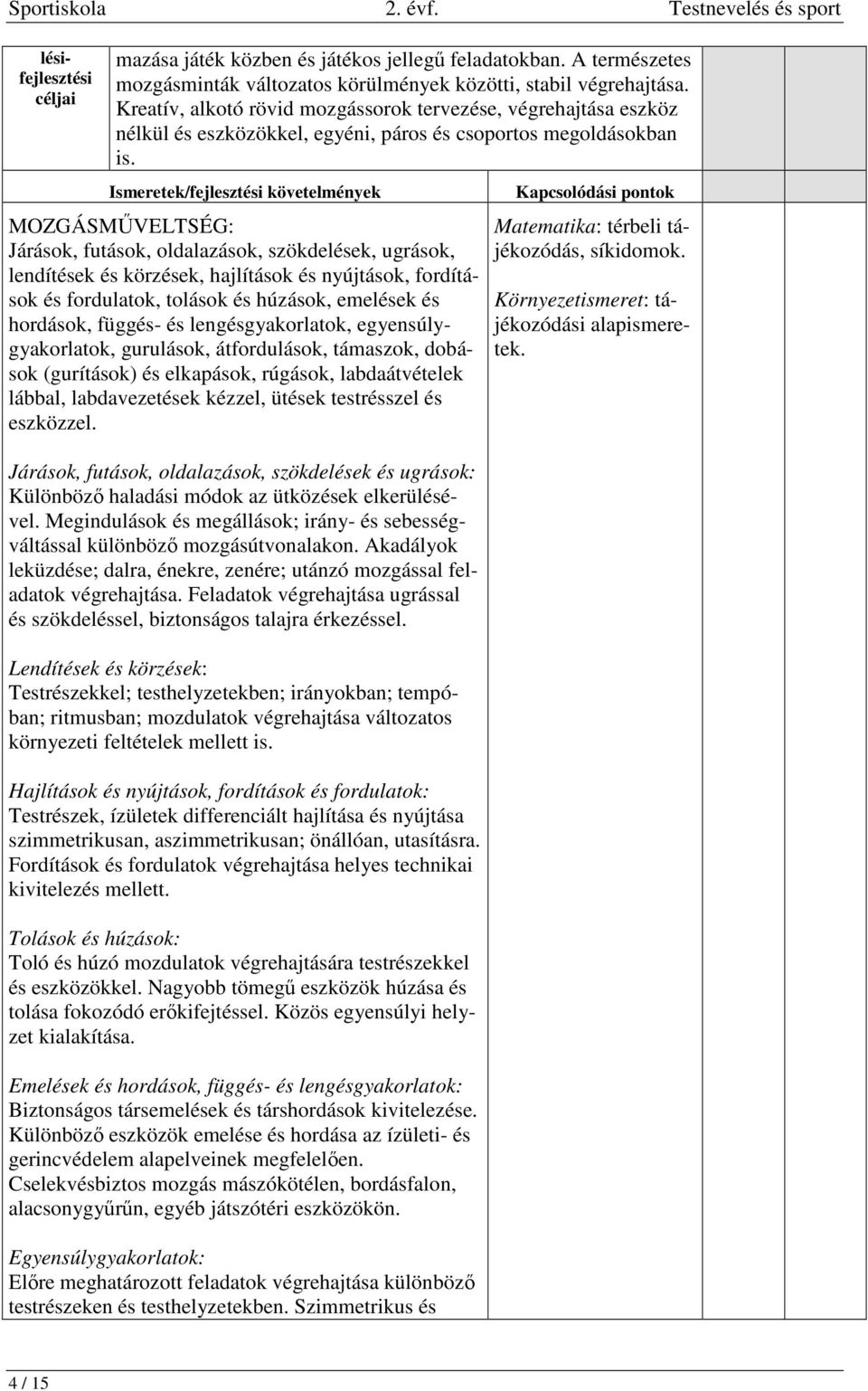 Járások, futások, oldalazások, szökdelések, ugrások, lendítések és körzések, hajlítások és nyújtások, fordítások és fordulatok, tolások és húzások, emelések és hordások, függés- és lengésgyakorlatok,