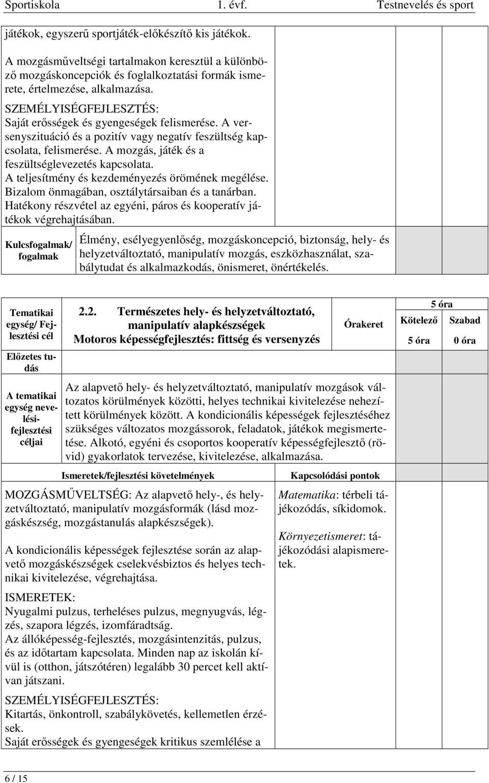 A versenyszituáció és a pozitív vagy negatív feszültség kapcsolata, felismerése. A mozgás, játék és a feszültséglevezetés kapcsolata. A teljesítmény és kezdeményezés örömének megélése.