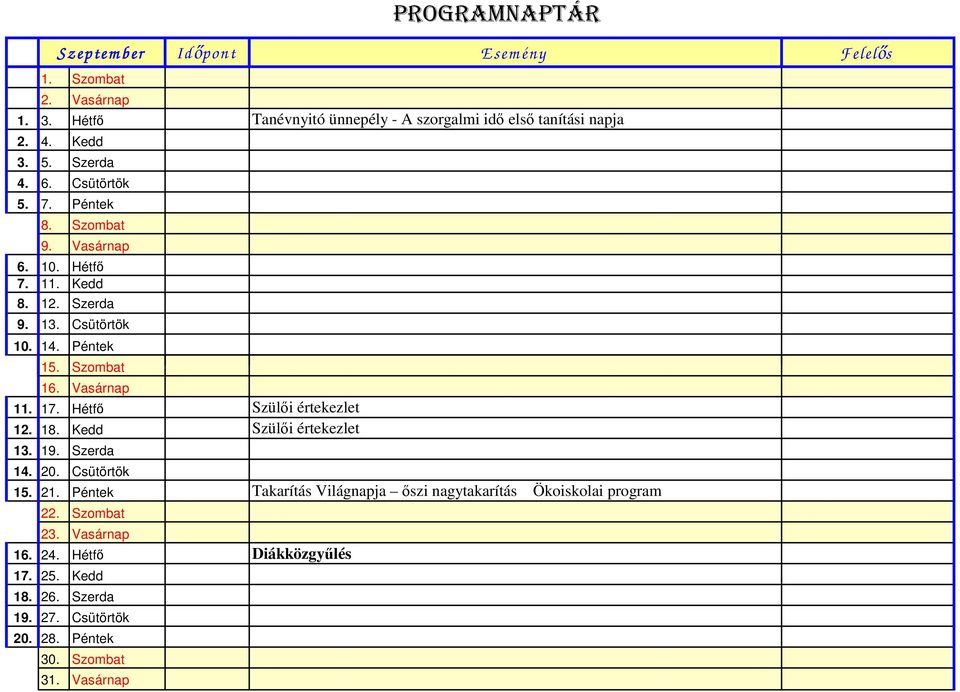 Hétfő Szülői értekezlet 12. 18. Kedd Szülői értekezlet 13. 19. Szerda 14. 20. Csütörtök PROGRAMNAPTÁR 15. 21.