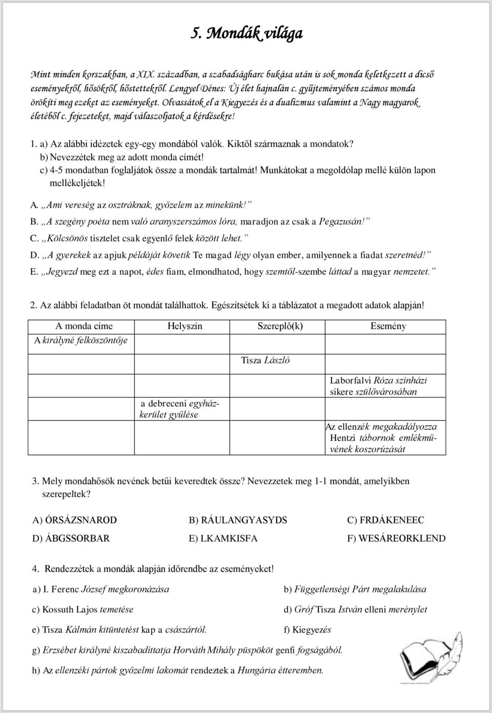 a) Az alábbi idézetek egy-egy mondából valók. Kiktől származnak a mondatok? b) Nevezzétek meg az adott monda címét! c) 4-5 mondatban foglaljátok össze a mondák tartalmát!