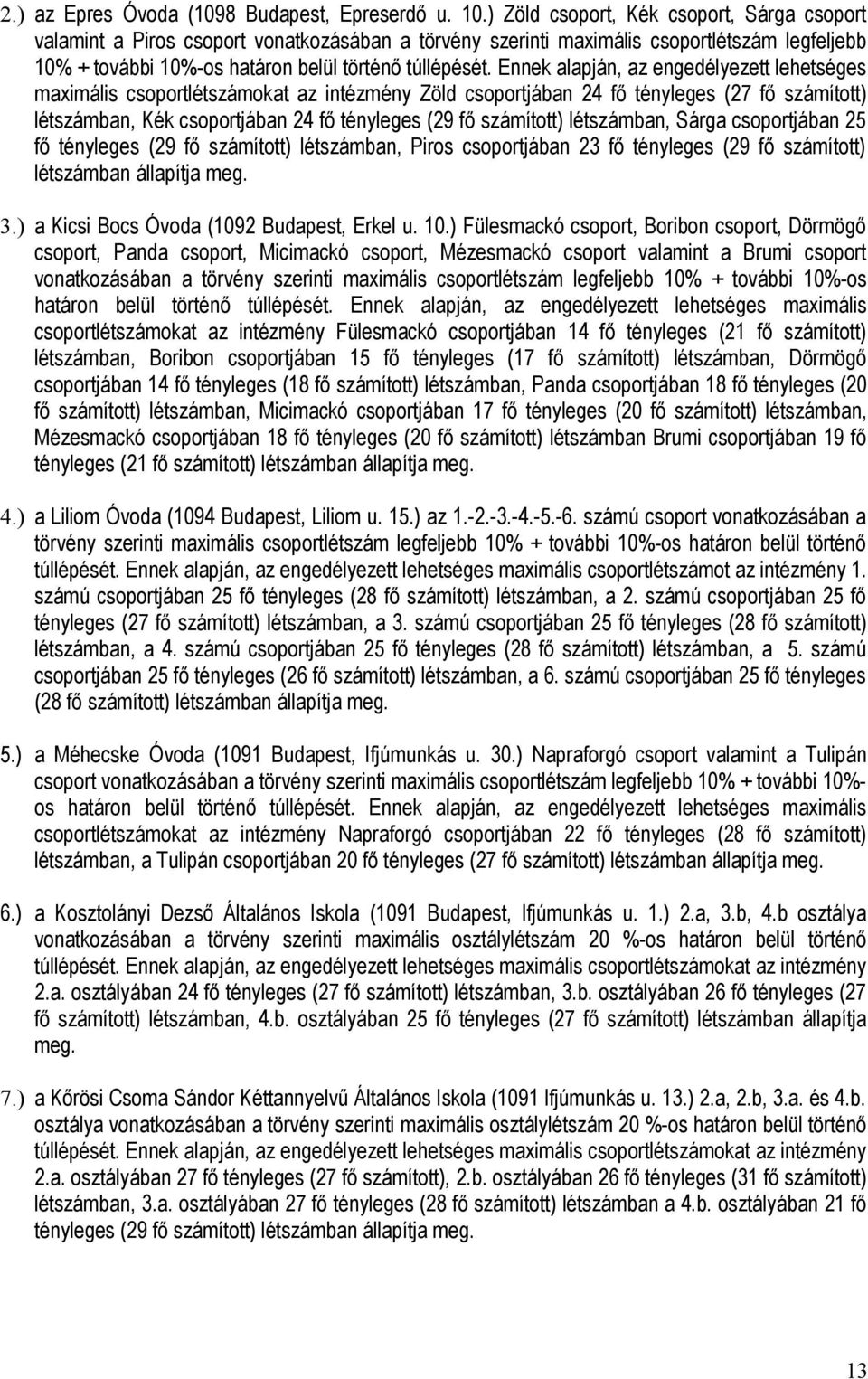 Ennek alapján, az engedélyezett lehetséges maximális csoportlétszámokat az intézmény Zöld csoportjában 24 fő tényleges (27 fő számított) létszámban, Kék csoportjában 24 fő tényleges (29 fő számított)