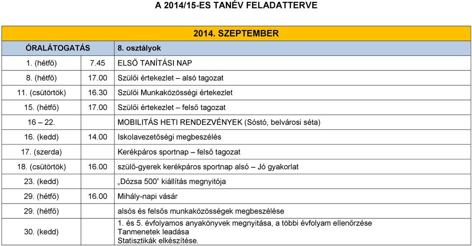 00 Iskolavezetőségi megbeszélés 17. (szerda) Kerékpáros sportnap felső tagozat 18. (csütörtök) 16.00 szülő-gyerek kerékpáros sportnap alsó Jó gyakorlat 23.