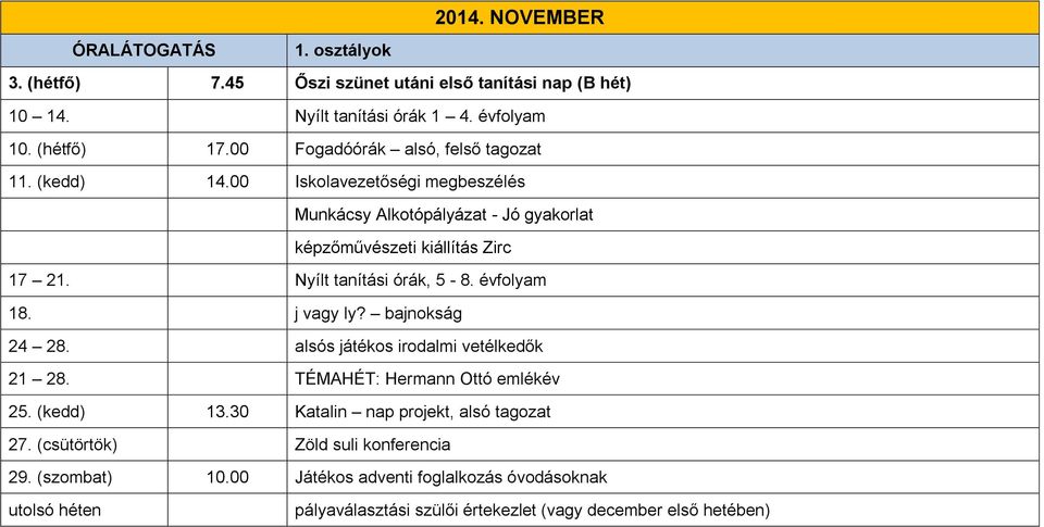 Nyílt tanítási órák, 5-8. évfolyam 18. j vagy ly? bajnokság 24 28. alsós játékos irodalmi vetélkedők 21 28. TÉMAHÉT: Hermann Ottó emlékév 25. (kedd) 13.