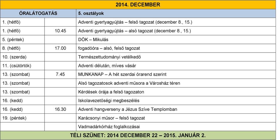 45 MUNKANAP A hét szerdai órarend szerint 13. (szombat) Alsó tagozatosok adventi műsora a Városház téren 13. (szombat) Kérdések órája a felső tagozaton 16.