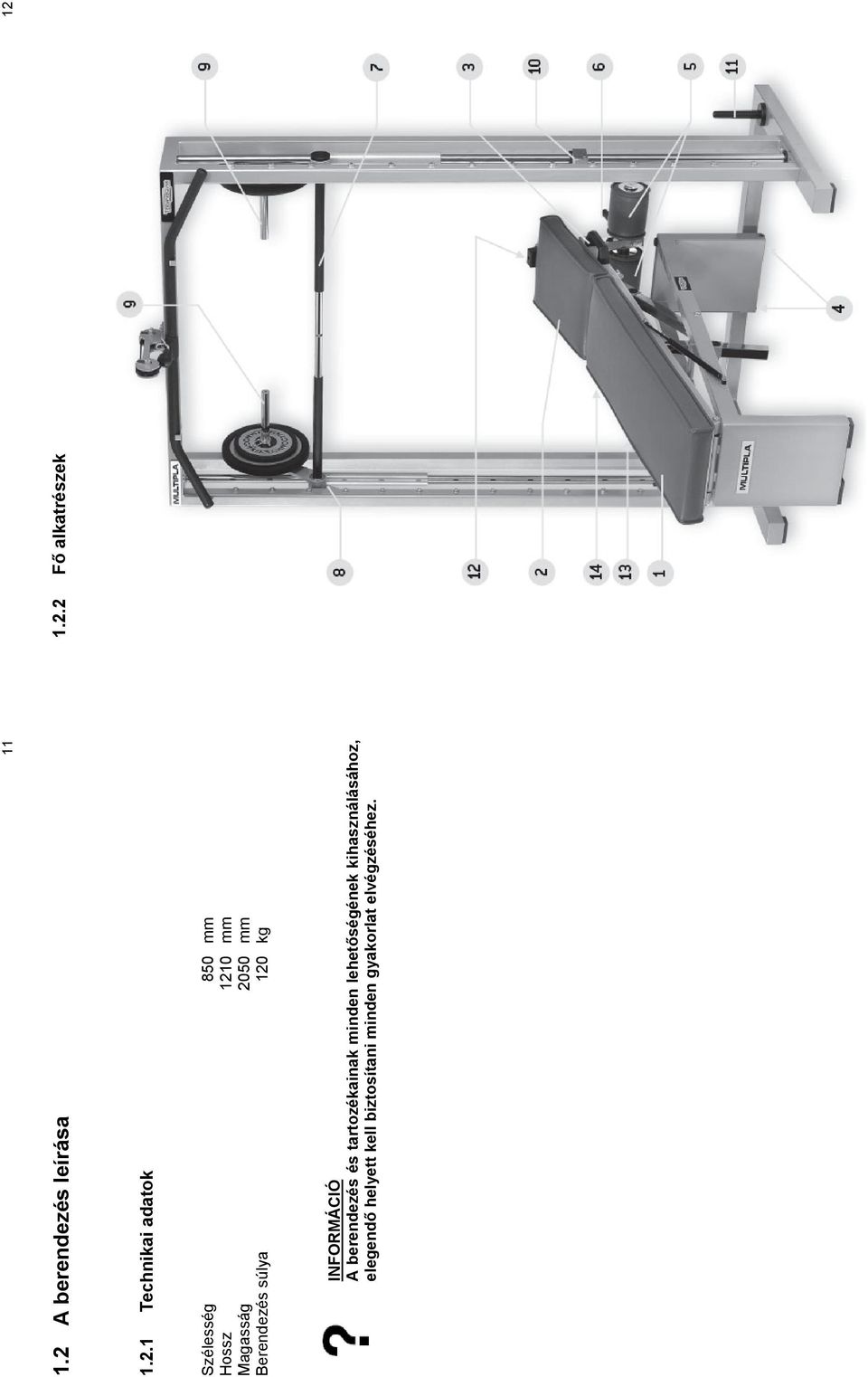 1 Technikai adatok Szélesség 850 mm Hossz 1210 mm Magasság 2050 mm