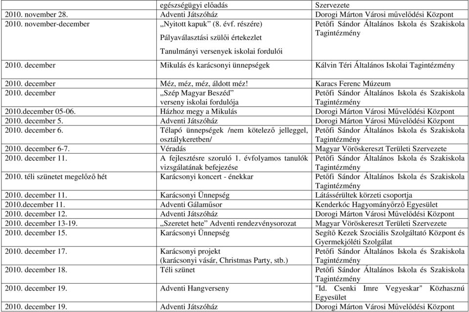 Karacs Ferenc Múzeum 2010. december Szép Magyar Beszéd verseny iskolai fordulója 2010.december 05-06. Házhoz megy a Mikulás Dorogi Márton Városi Mővelıdési Központ 2010. december 5.