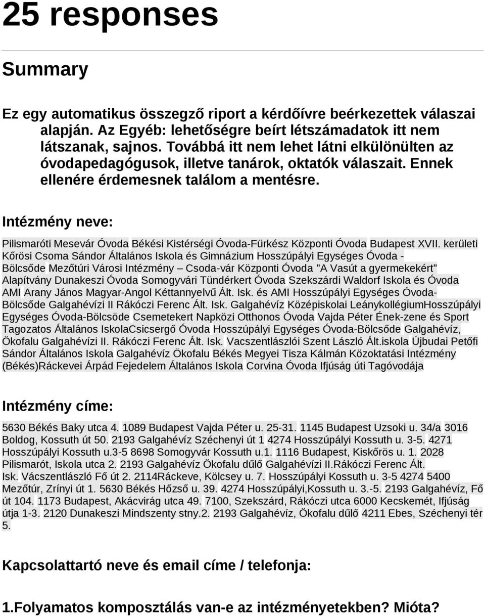 Intézmény neve: Pilismaróti Mesevár Óvoda Békési Kistérségi Óvoda-Fürkész Központi Óvoda Budapest XVII.