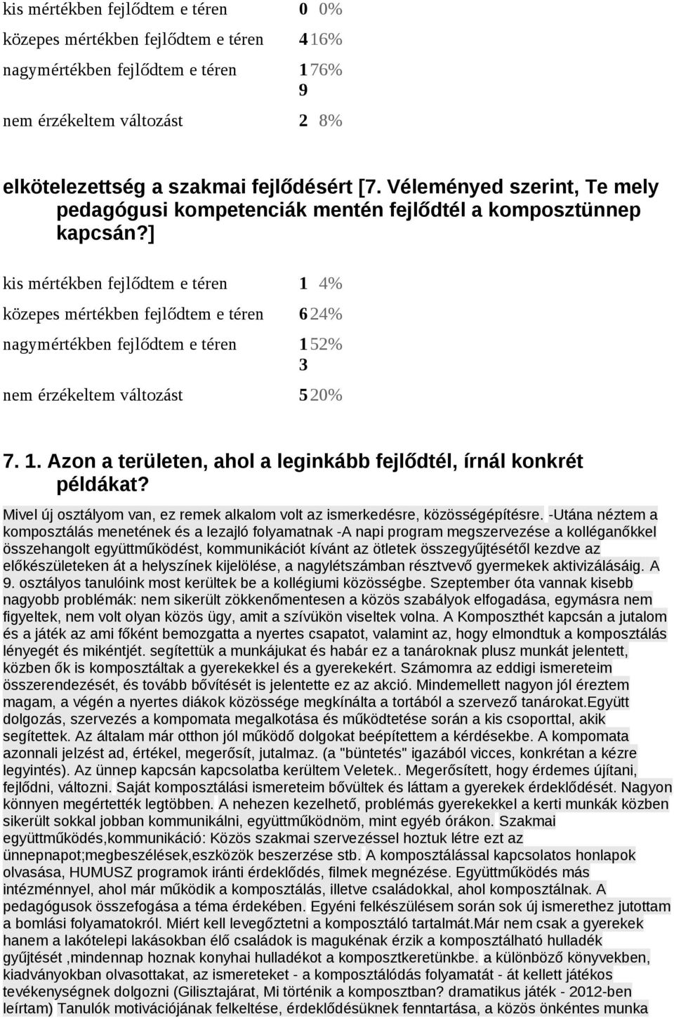 ] kis mértékben fejlődtem e téren 1 4% közepes mértékben fejlődtem e téren 624% nagymértékben fejlődtem e téren 152% 3 nem érzékeltem változást 52% 7. 1. Azon a területen, ahol a leginkább fejlődtél, írnál konkrét példákat?