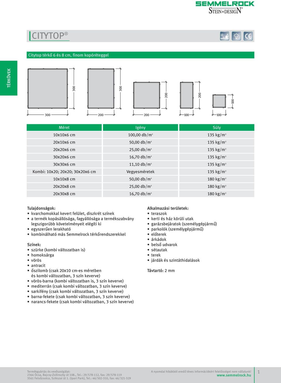 10x10x8 cm 50,00 db/m 2 180 kg/m 2 20x20x8 cm 25,00 db/m 2 180 kg/m 2 20x30x8 cm 16,70 db/m 2 180 kg/m 2 Tulajdonságok: kvarchomokkal kevert felület, diszkrét színek a termék kopásállósága,