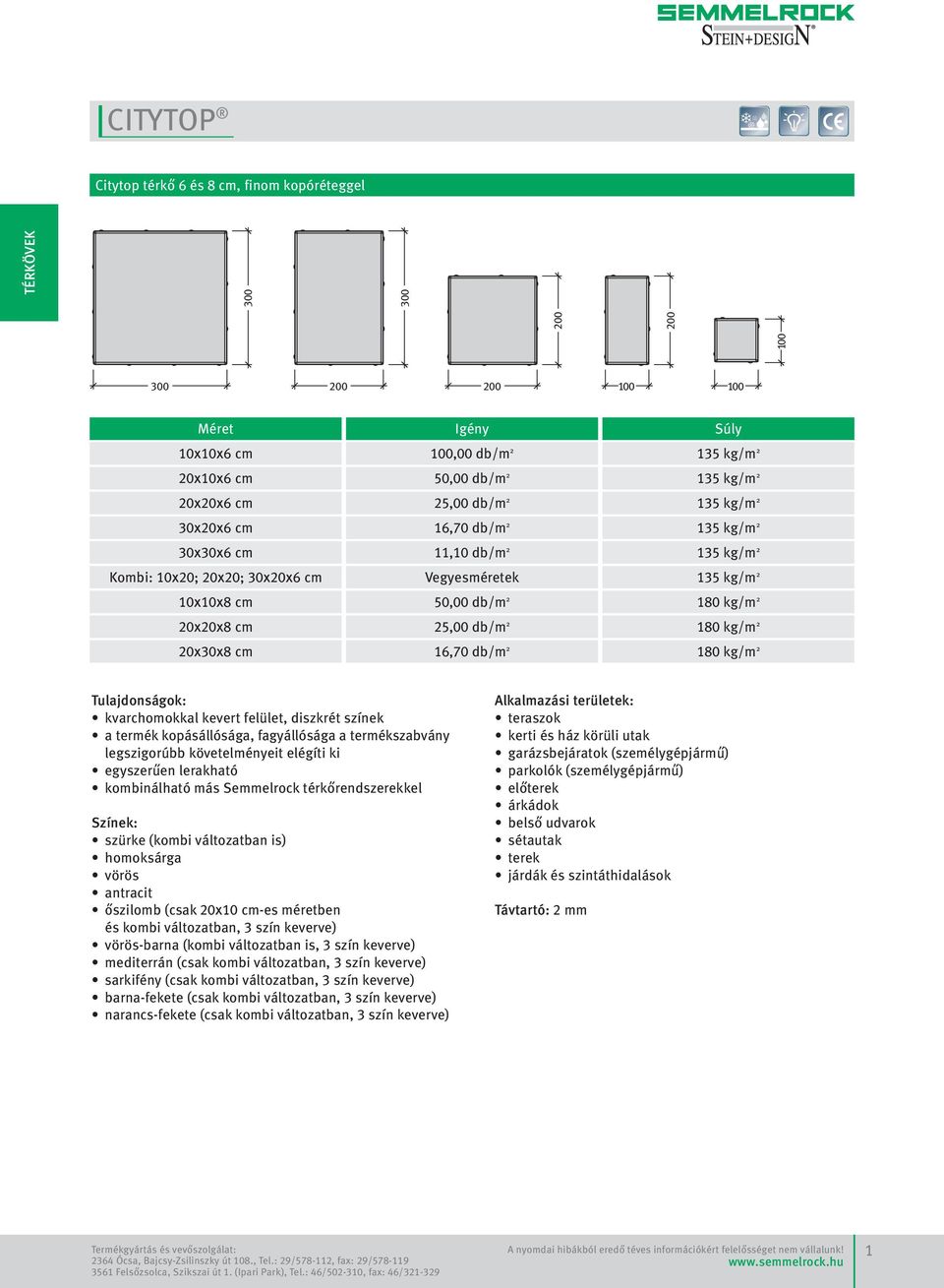 10x10x8 cm 50,00 db/m 2 180 kg/m 2 20x20x8 cm 25,00 db/m 2 180 kg/m 2 20x30x8 cm 16,70 db/m 2 180 kg/m 2 Tulajdonságok: kvarchomokkal kevert felület, diszkrét színek a termék kopásállósága,