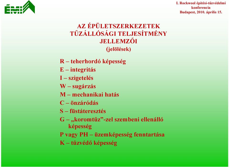 teherhordó képesség E integritás I szigetelés W sugárzás M mechanikai