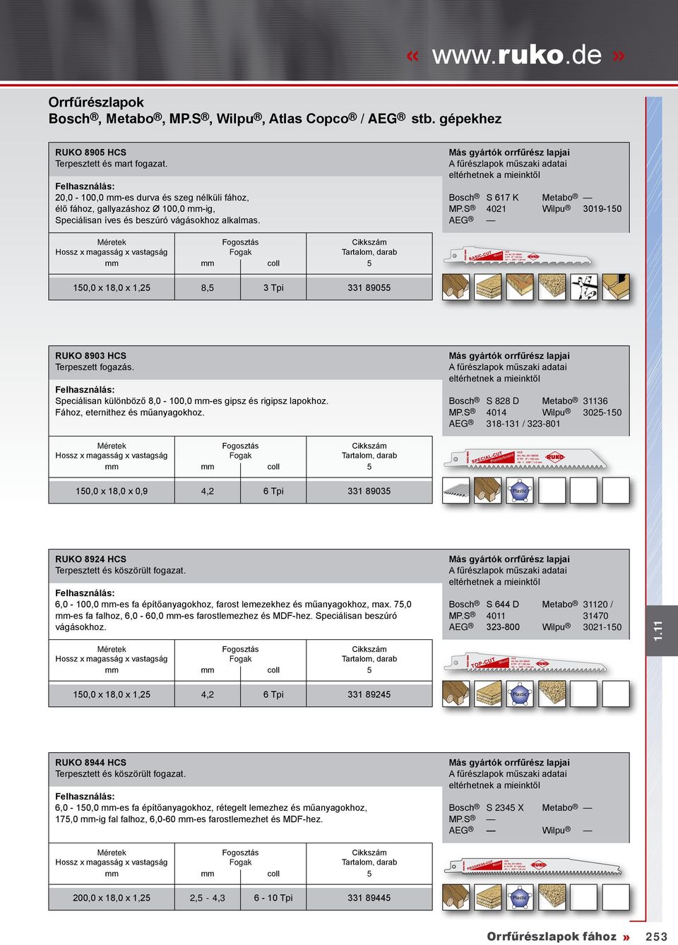 Bosch S 828 D Metabo 31136 MP.S 4014 Wilpu 302-10 AEG 318-131 / 323-801 10,0 x 18,0 x 0,9 4,2 331 8903 RUKO 8924 HCS Terpesztett és köszörült fogazat.