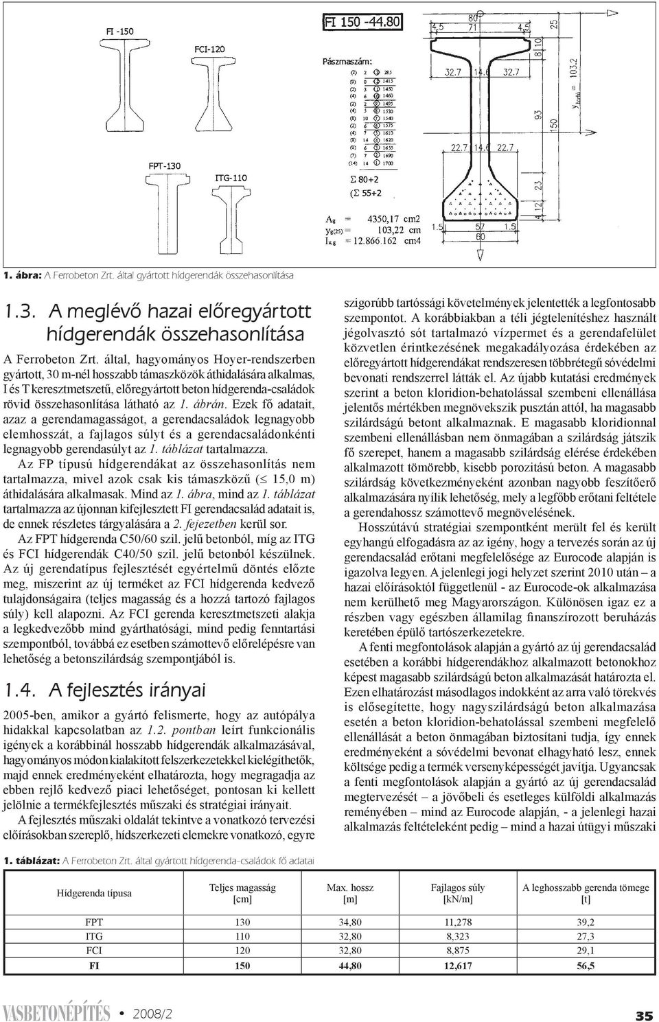 ábrán. Ezek fő adatait, azaz a gerendamagasságot, a gerendacsaládok legnagyobb elemhosszát, a fajlagos súlyt és a gerendacsaládonkénti legnagyobb gerendasúlyt az 1. táblázat tartalmazza.