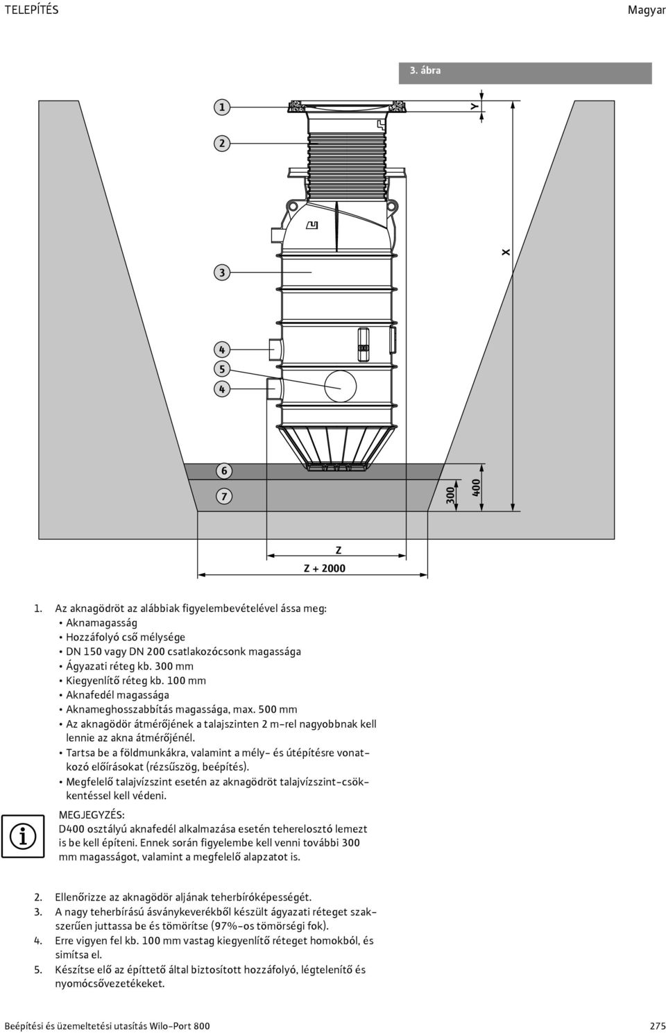 100 mm Aknafedél magassága Aknameghosszabbítás magassága, max. 500 mm Az aknagödör átmérőjének a talajszinten 2 m-rel nagyobbnak kell lennie az akna átmérőjénél.