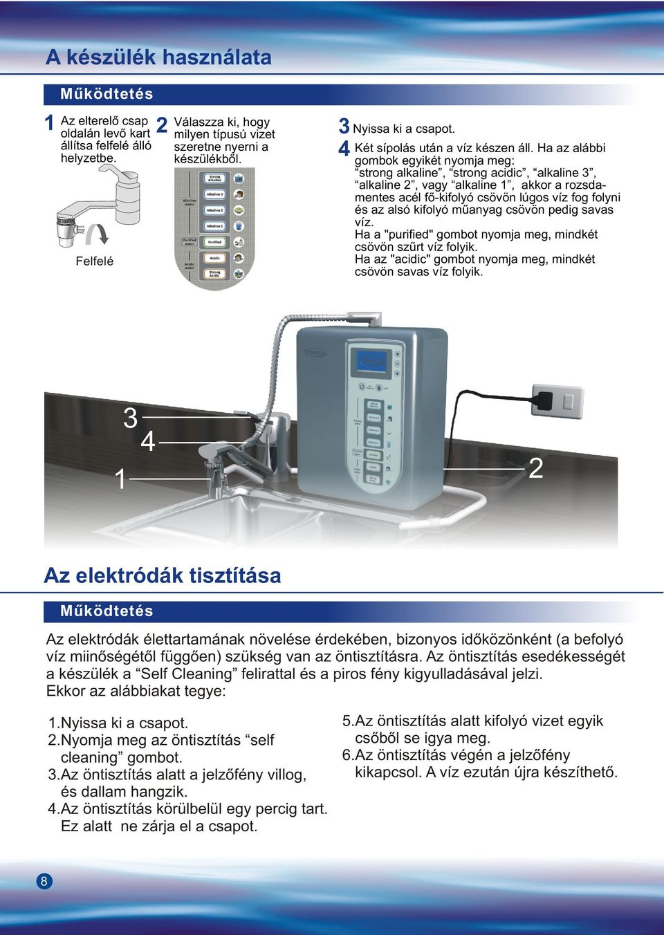 Ha az alábbi gombok egyikét nyomja meg: strong alkaline, strong acidic, alkaline 3, alkaline 2, vagy alkaline 1, akkor a rozsdamentes acél fõ-kifolyó csövön lúgos víz fog folyni és az alsó kifolyó