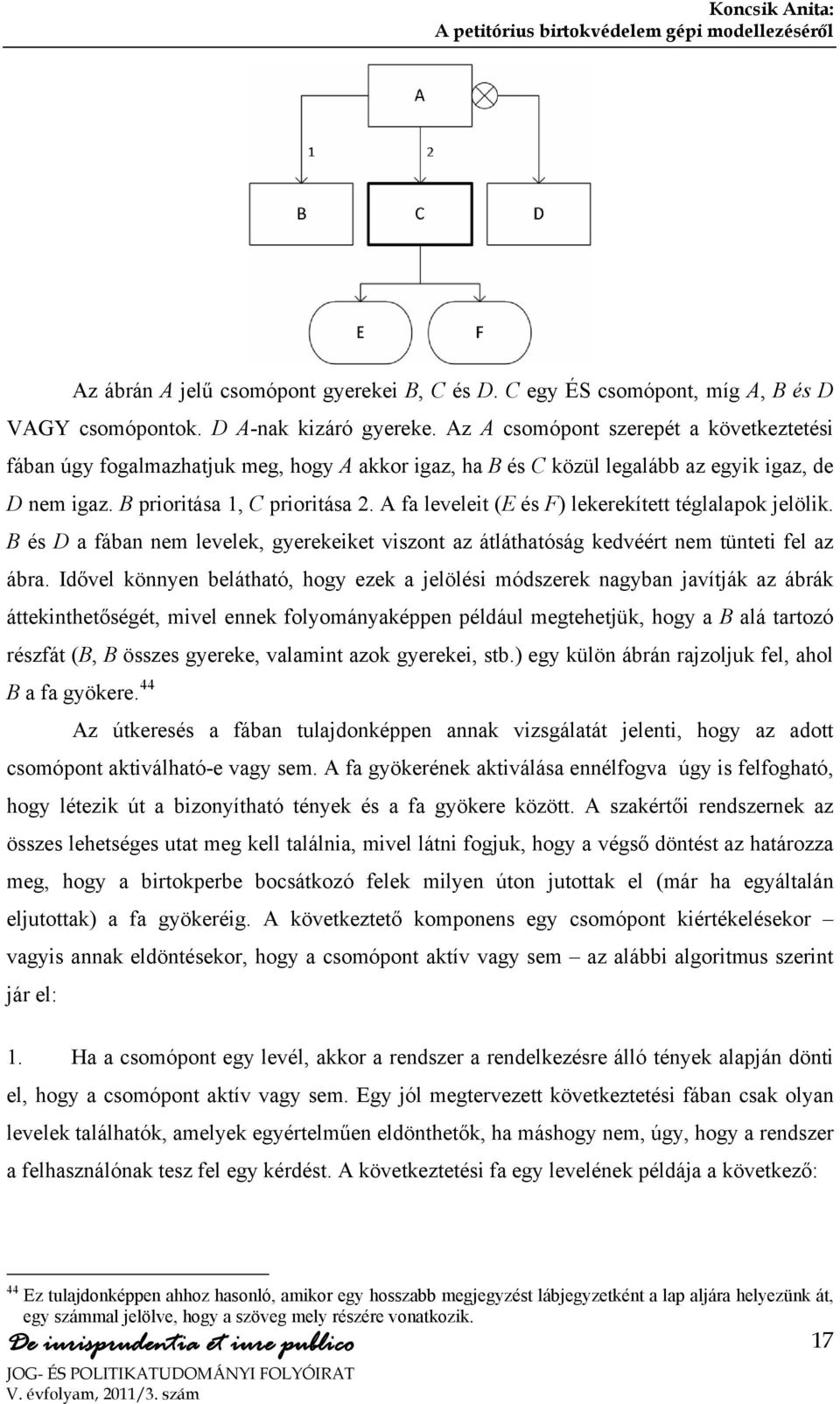 A fa leveleit (E és F) lekerekített téglalapok jelölik. B és D a fában nem levelek, gyerekeiket viszont az átláthatóság kedvéért nem tünteti fel az ábra.