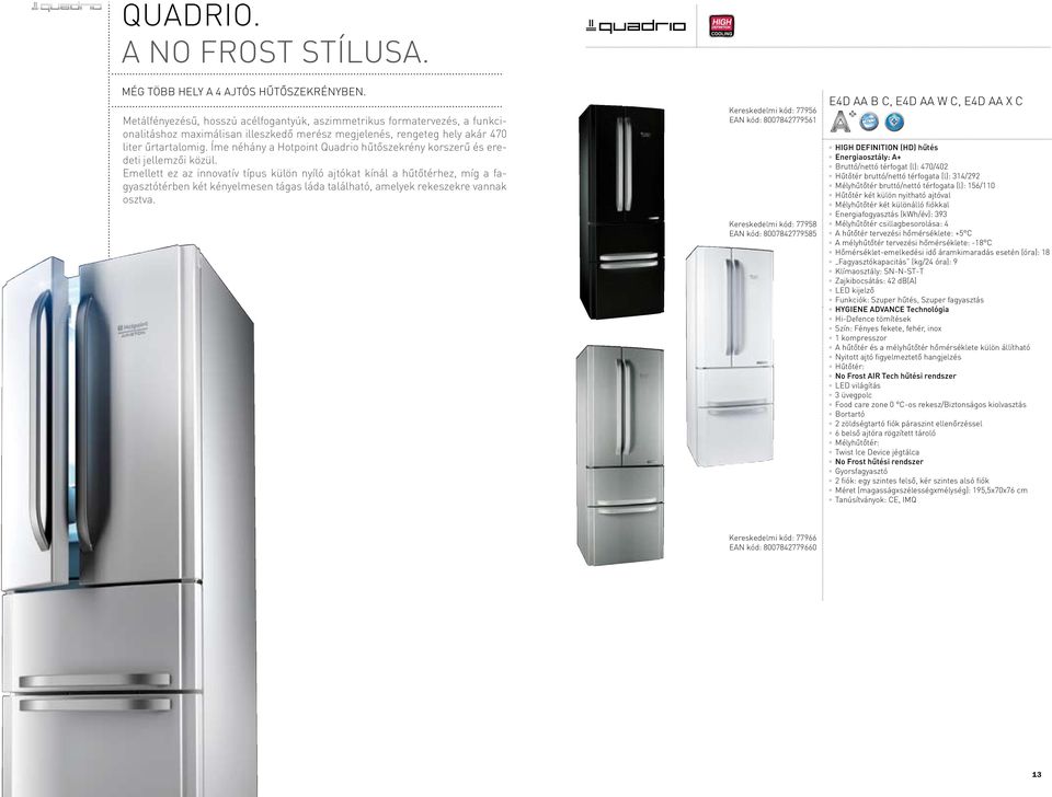Íme néhány a Hotpoint Quadrio hűtőszekrény korszerű és eredeti jellemzői közül.