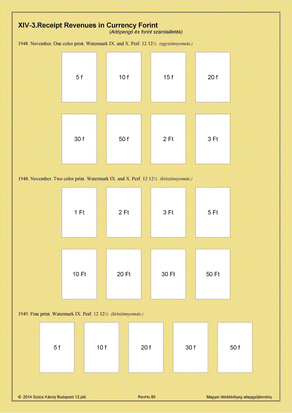 and X. Perf. 12 12½ (kétszínnyomás.) 1 Ft 2 Ft 3 Ft 5 Ft 10 Ft 20 Ft 30 Ft 50 Ft 1949. Fine print. Watermark IX. Perf. 12 12½ (kétszínnyomás.) 5 f 10 f 20 f 30 f 50 f 2014 Szücs Károly Budapest 12.