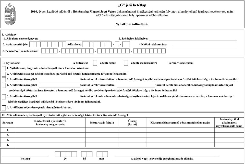 Békéscsaba Iparűzési Adó Bevallás 2016 Nyomtatvány