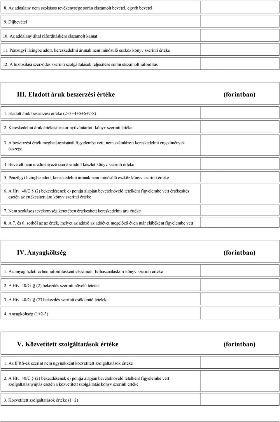 Eladott áruk beszerzési értéke 1. Eladott áruk beszerzési értéke (2+3+4+5+6+7-8) 2. Kereskedelmi áruk értékesítéskor nyilvántartott könyv szerinti értéke 3.
