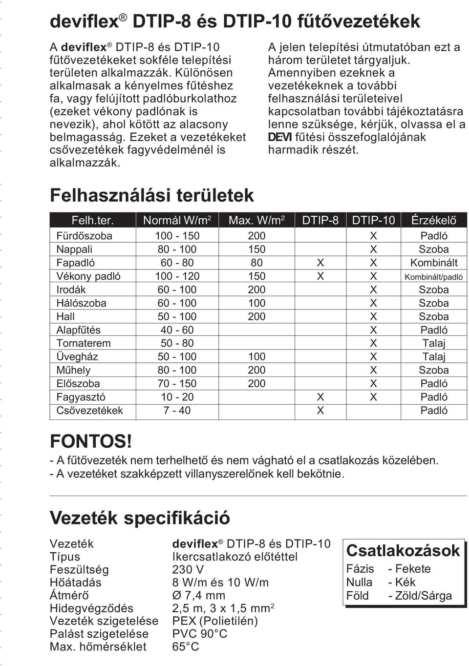 Ezeket a vezetékeket csôvezetékek fagyvédelménél is alkalmazzák. Felhasználási területek Felh.ter. Normál W/m 2 Max.
