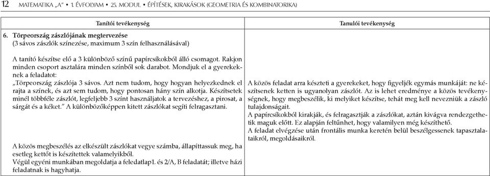 Rakjon minden csoport asztalára minden színből sok darabot. Mondjuk el a gyerekeknek a feladatot: Törpeország zászlója 3 sávos.