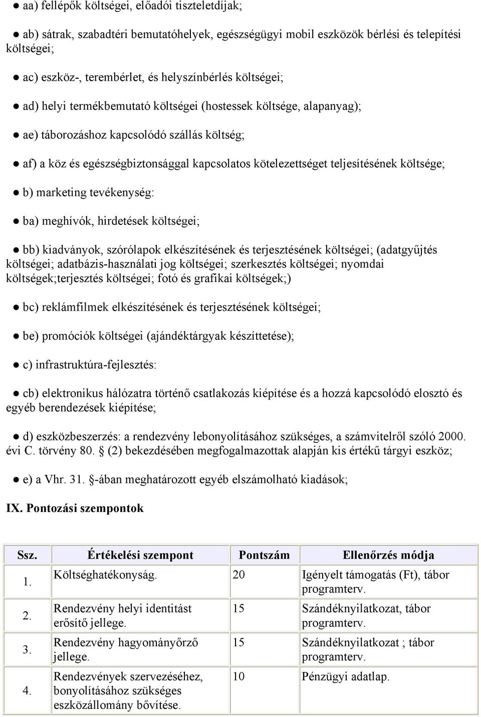 teljesítésének költsége; b) marketing tevékenység: ba) meghívók, hirdetések költségei; bb) kiadványok, szórólapok elkészítésének és terjesztésének költségei; (adatgyűjtés költségei;