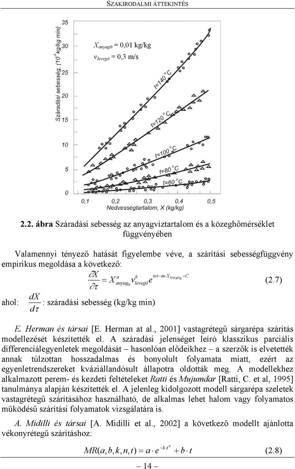 X levegő C 0 = X anyag vlevegőe (2.7) 0 τ dx ahol: : száradási sebesség (kg/kg min) dτ E. Herman és társai [E. Herman at al., 200] vastagrétegű sárgarépa szárítás modellezését készítették el.