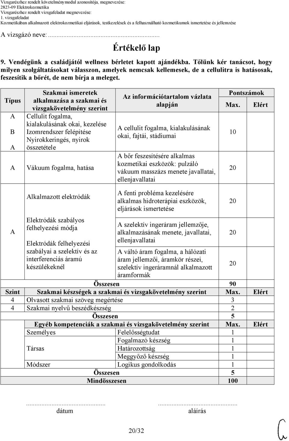 Típus B Szakmai ismeretek alkalmazása a szakmai és vizsgakövetelmény szerint Cellulit fogalma, kialakulásának okai, kezelése Izomrendszer felépítése Nyirokkeringés, nyirok összetétele Vákuum fogalma,