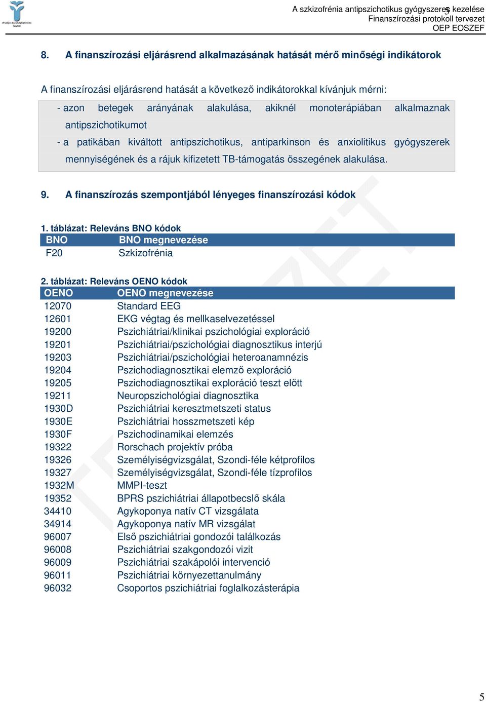 alakulása. 9. A finanszírozás szempontjából lényeges finanszírozási kódok 1. táblázat: Releváns BNO kódok BNO BNO megnevezése F20 Szkizofrénia 2.