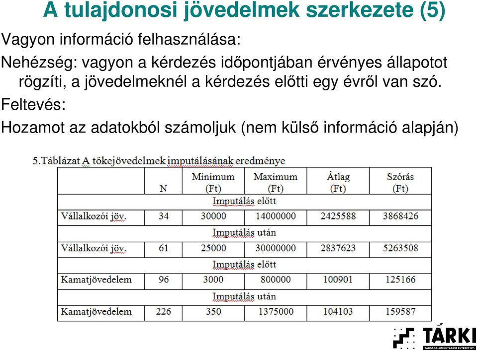 állapotot rögzíti, a jövedelmeknél a kérdezés elıtti egy évrıl van