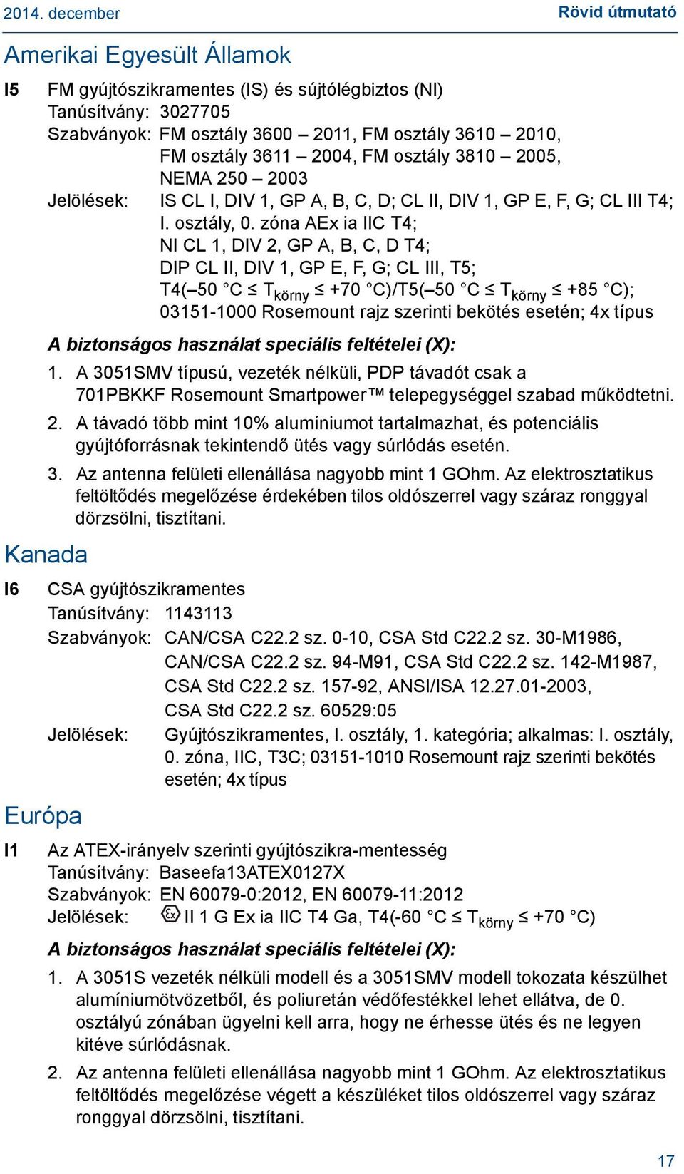 zóna AEx ia IIC T4; NI CL 1, DIV 2, GP A, B, C, D T4; DIP CL II, DIV 1, GP E, F, G; CL III, T5; T4( 50 C T körny +70 C)/T5( 50 C T körny +85 C); 03151-1000 Rosemount rajz szerinti bekötés esetén; 4x
