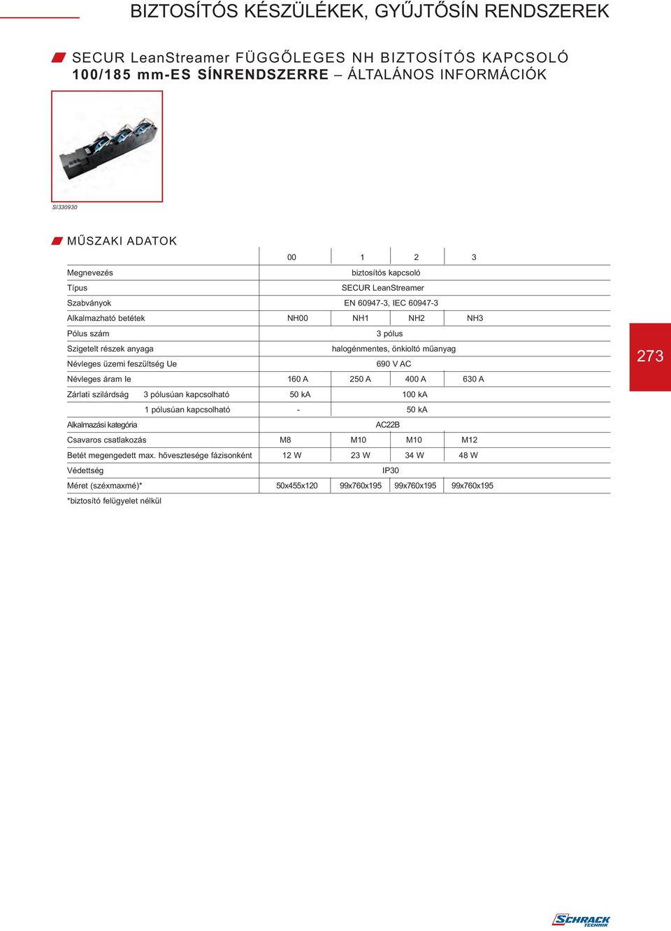 Ue 690 V AC Névleges áram Ie 160 A 250 A 400 A 630 A Zárlati szilárdság 3 pólusúan kapcsolható 50 ka 100 ka 1 pólusúan kapcsolható - 50 ka Alkalmazási kategória AC22B Csavaros csatlakozás