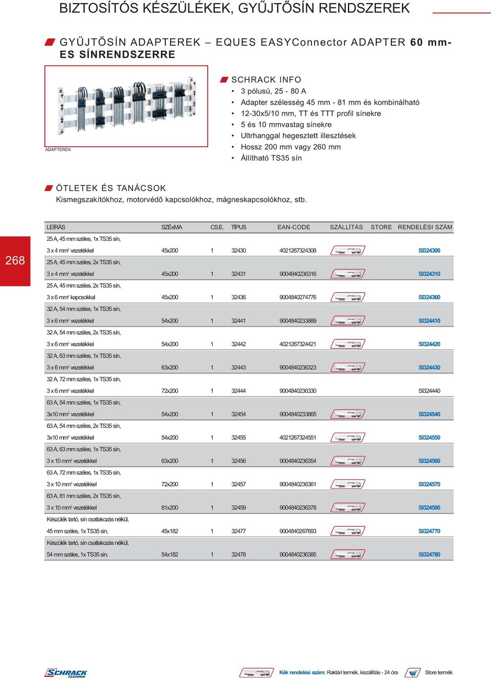 LEÍRÁS SZÉxMA CS.E. TÍPUS EAN-CODE SZÁLLÍTÁS STORE RENDELÉSI SZÁM 25 A, 45 mm széles, 1x TS35 sín, 268 3 x 4 mm 2 vezetékkel 45x200 1 32430 4021267324308 SI324300 25 A, 45 mm széles, 2x TS35 sín, 3 x