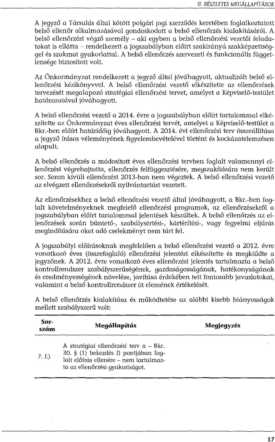 A belső ellenőrzés szervezeti és funkcionális függetlensége biztosított volt. Az Önkormányzat rendelkezett a jegyző által jóváhagyott, aktualizált belső ellenőrzési kézikönyvvel.