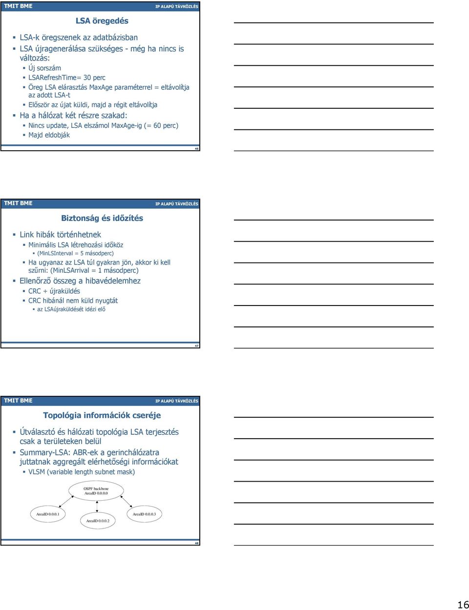 történhetnek Minimális LSA létrehozási időköz (MinLSInterval = 5 másodperc) Ha ugyanaz az LSA túl gyakran jön, akkor ki kell szűrni: (MinLSArrival = 1 másodperc) Ellenőrző összeg a hibavédelemhez CRC
