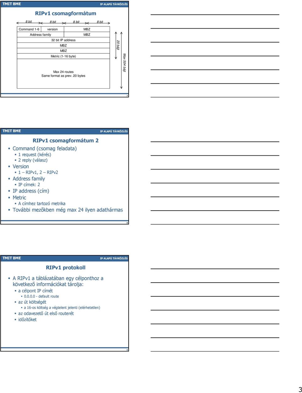 címek: 2 IP address (cím) Metric A címhez tartozó metrika További mezőkben még max 24 ilyen adathármas 8 RIPv1 protokoll A RIPv1 a táblázatában egy célponthoz a