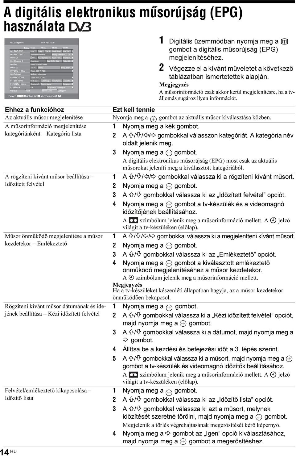 Ehhez a funkcióhoz Ezt kell tennie Az aktuális műsor megjelenítése Nyomja meg a gombot az aktuális műsor kiválasztása közben.