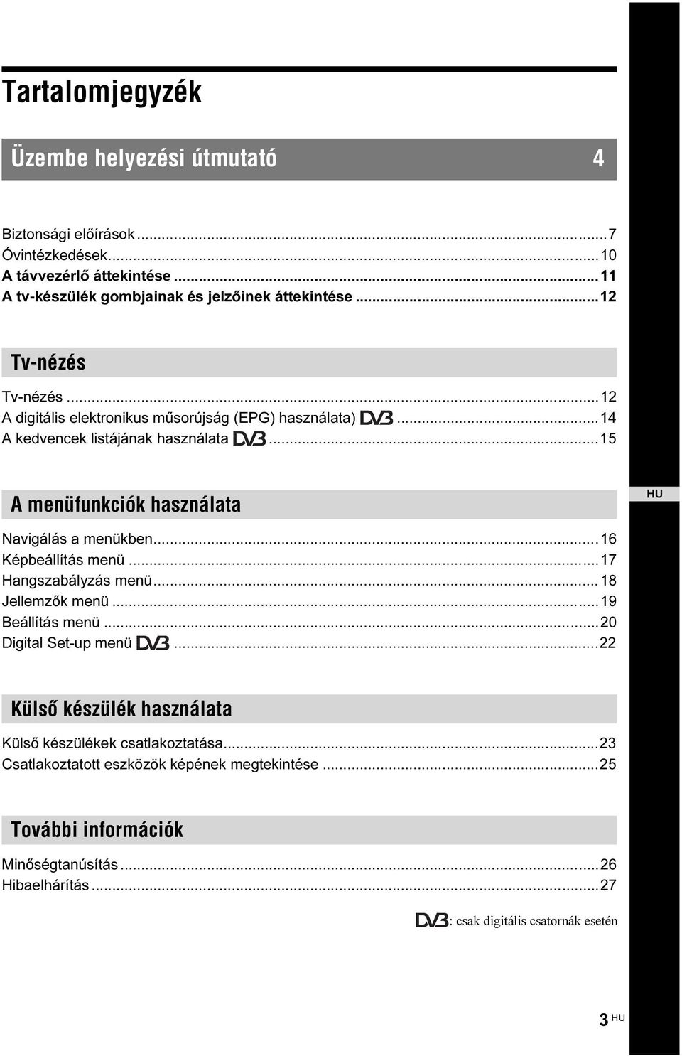 ..15 A menüfunkciók használata HU Navigálás a menükben...16 Képbeállítás menü...17 Hangszabályzás menü...18 Jellemzők menü...19 Beállítás menü...20 Digital Set-up menü.