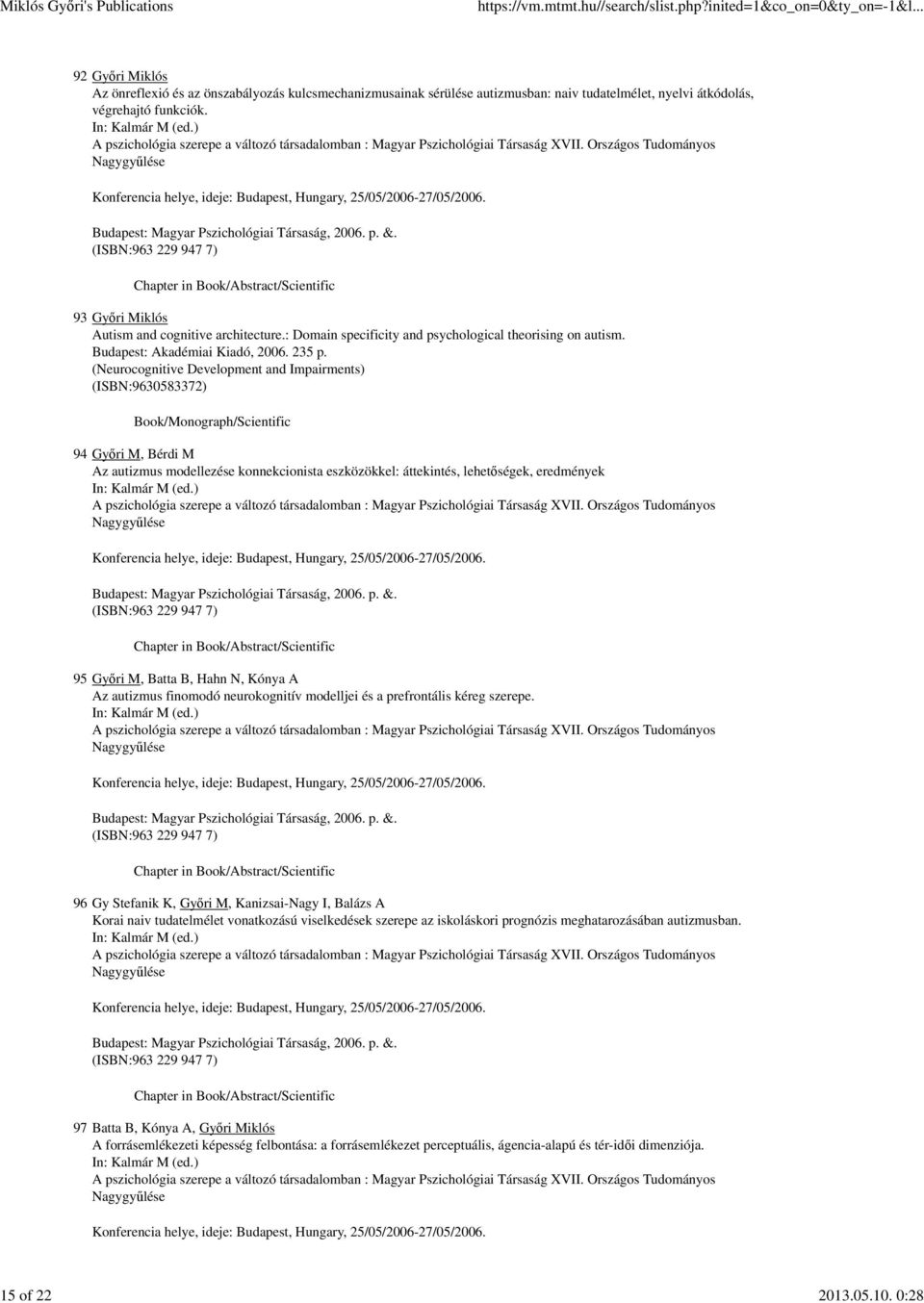 Budapest: Magyar Pszichológiai Társaság, 2006. p. &. (ISBN:963 229 947 7) 93 Győri Miklós Autism and cognitive architecture.: Domain specificity and psychological theorising on autism.