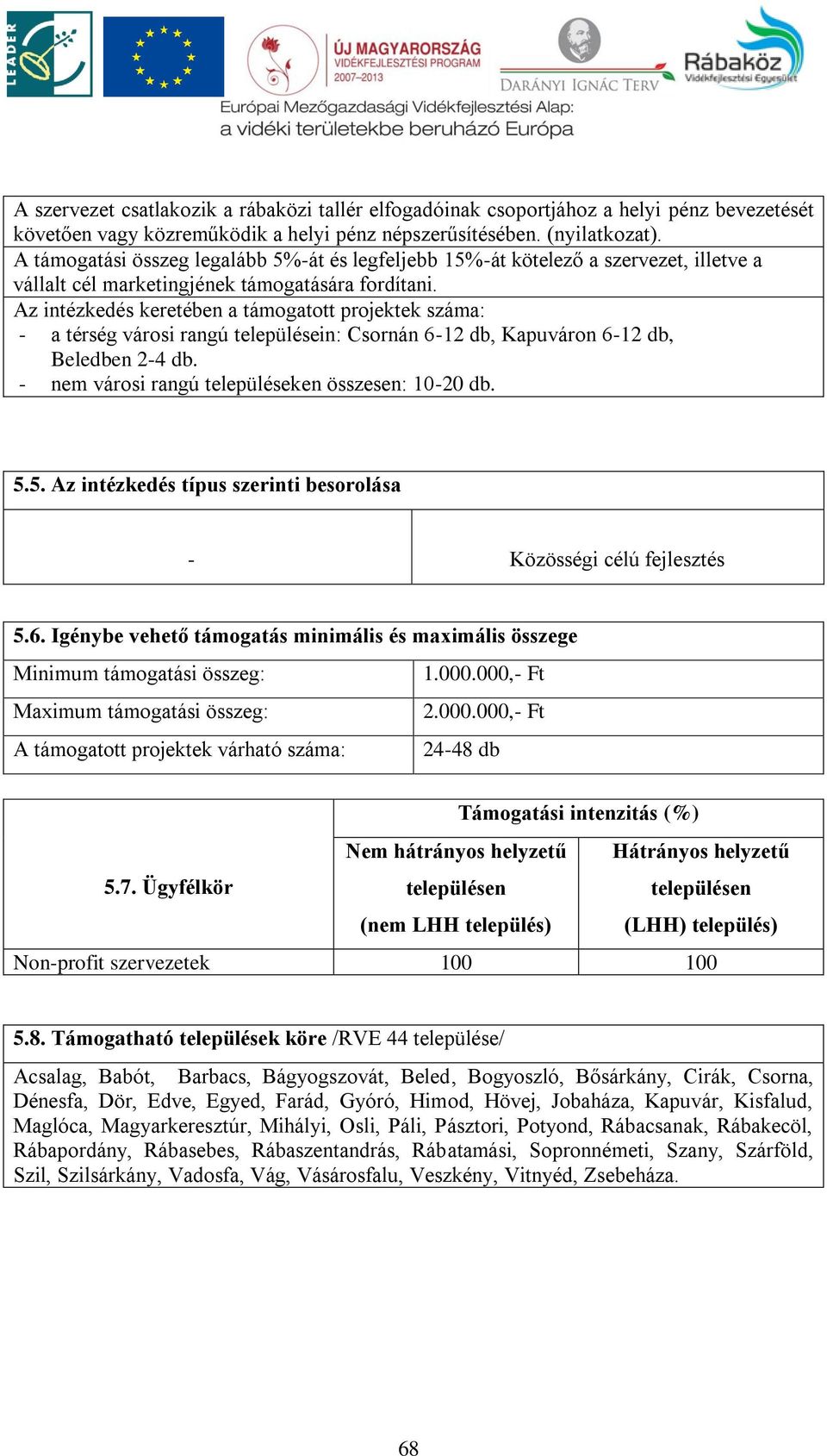 Az intézkedés keretében a támogatott projektek száma: - a térség városi rangú településein: Csornán 6-12 db, Kapuváron 6-12 db, Beledben 2-4 db. - nem városi rangú településeken összesen: 10-20 db. 5.