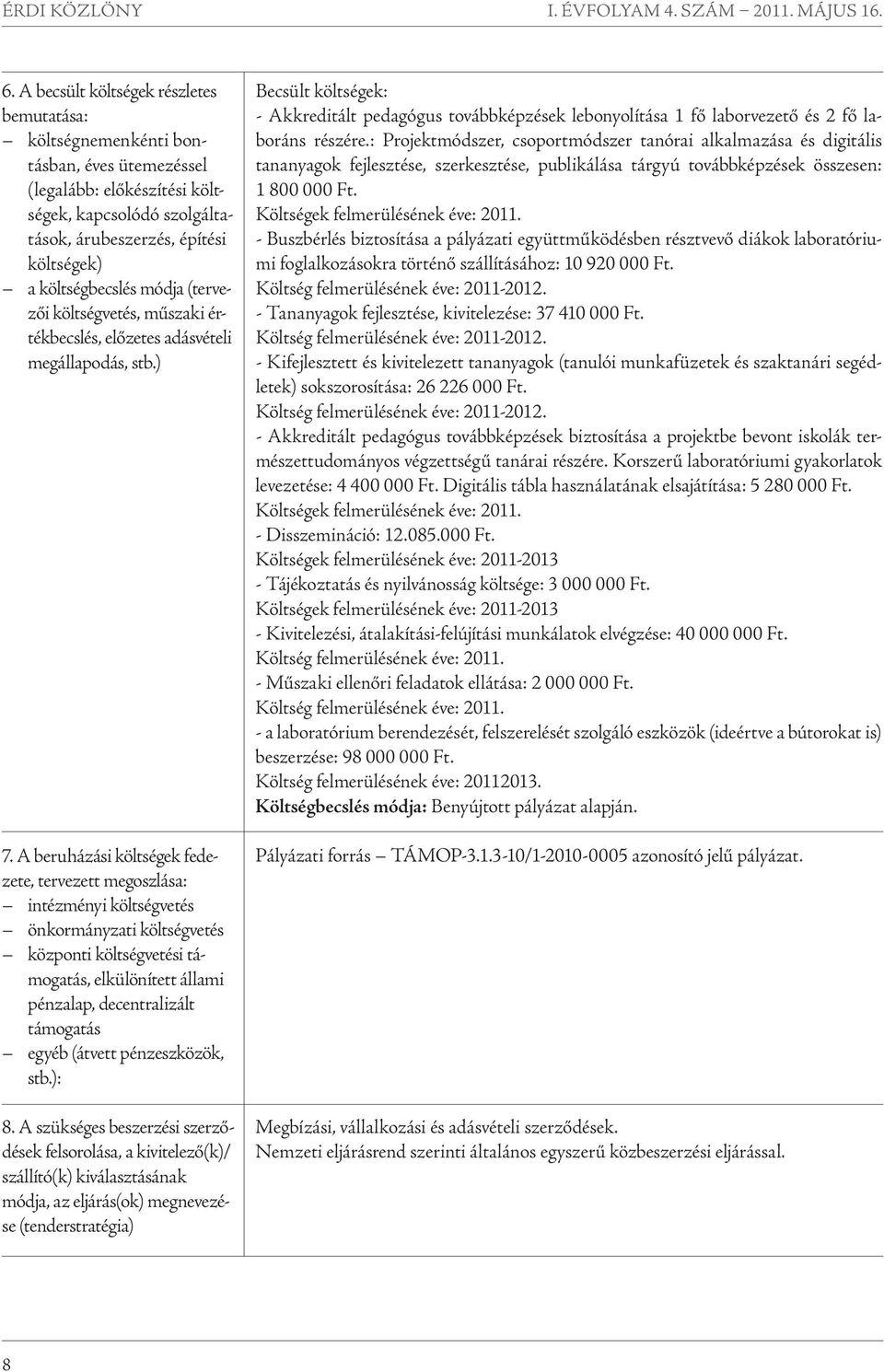 módja (tervezői költségvetés, műszaki értékbecslés, előzetes adásvételi megállapodás, stb.) 7.